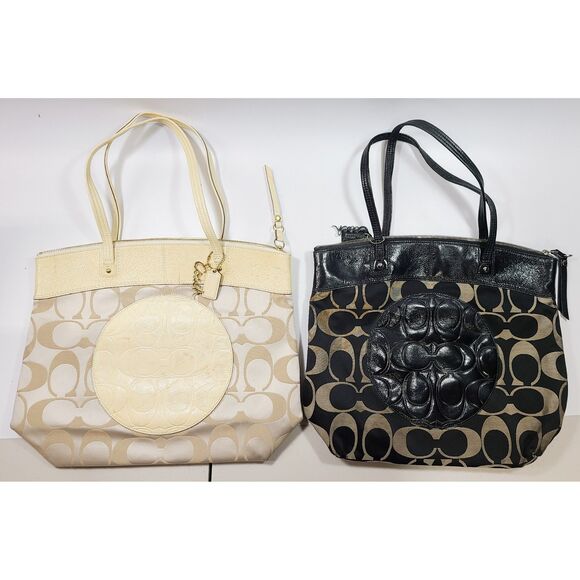 Set of 2 COACH Laura Signature L Logo Black Beige Canvas Shoulder Bag Tote - Picture 1 of 12